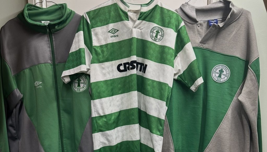Celtic Home Hoops Centenary jersey from 1987-1989 - with Tracksuit and Run out top in the montage