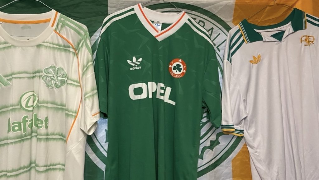 Montage of Celtic away white top 2025 2026, Retro Republic of Ireland 1990, Roma away 2025 2026