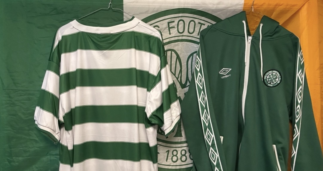 Celtic Home Hoops short sleeve 1985-1986 with the 1978-1982 Track hoody style jacket completing the montage