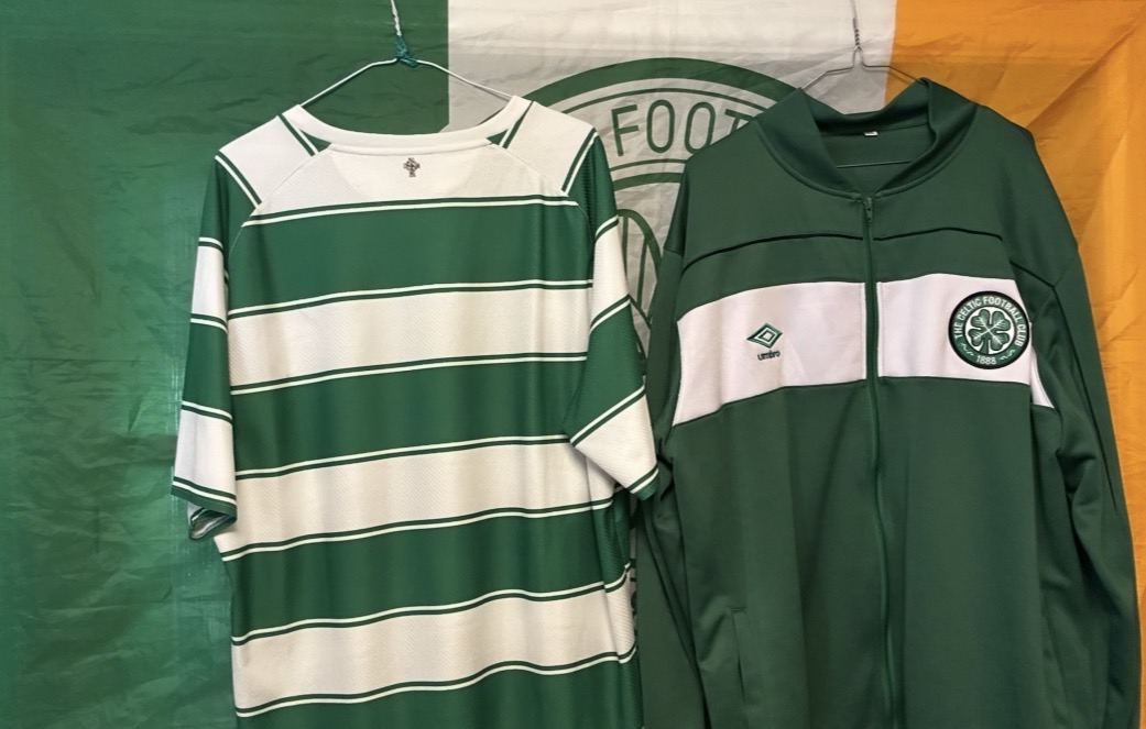 Celtic short sleeve home hoops from Season 2015 2016 by New Balance with the 1983 / 1984 Track jacket in the background